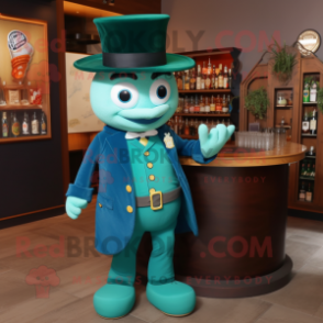 Teal Green Beer mascot costume character dressed with a Suit and Hats