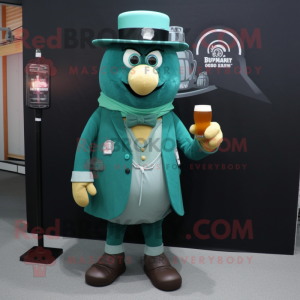 Teal Green Beer mascot costume character dressed with a Suit and Hats