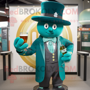 Teal Green Beer mascot costume character dressed with a Suit and Hats