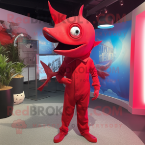 Red Swordfish mascot costume character dressed with a Playsuit and Cufflinks