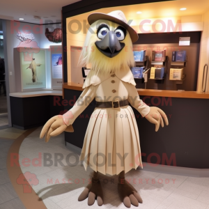 Beige Crow mascot costume character dressed with a Pleated Skirt and Belts