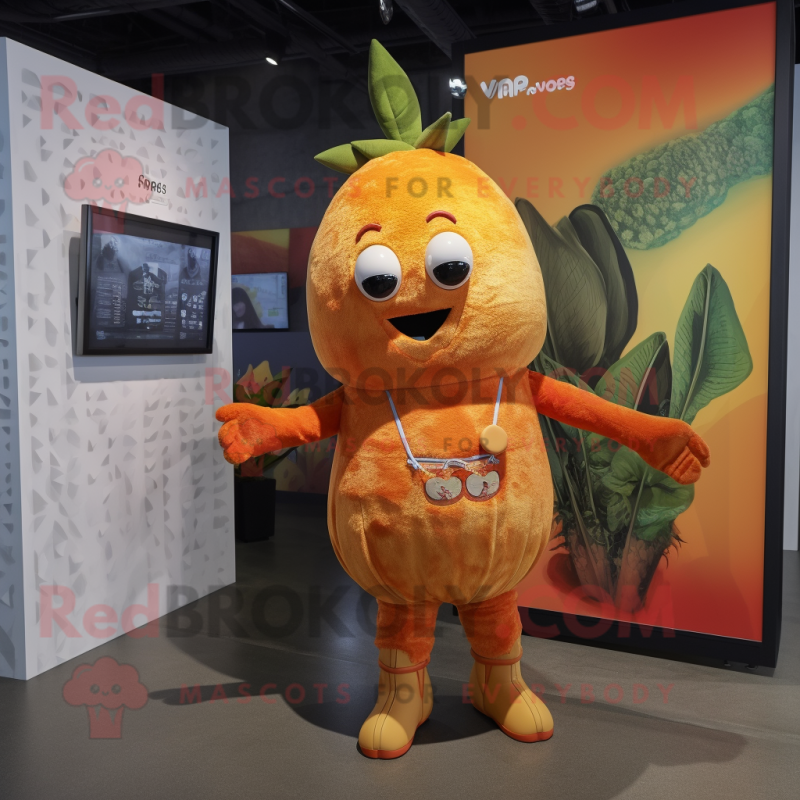 Rust Mango mascot costume character dressed with a Romper and Hairpins