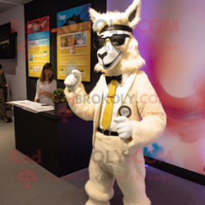 Cream Llama mascot costume character dressed with a Suit Pants and Shoe laces