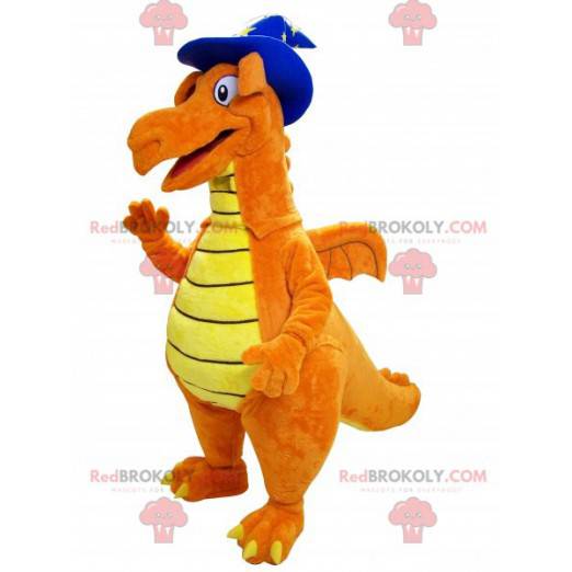 Mascota dinosaurio naranja y amarillo con un sombrero