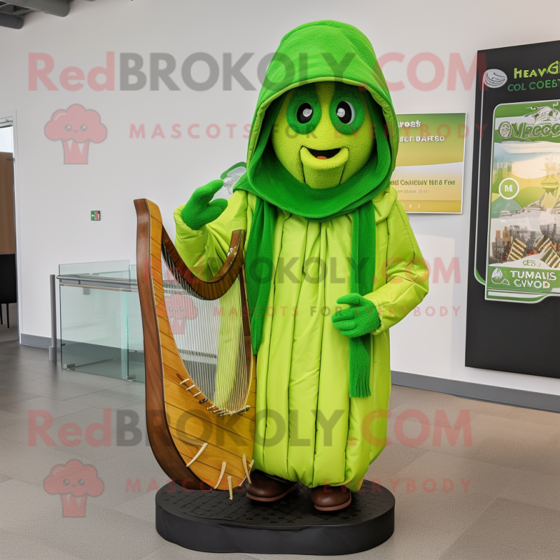 Lime Green Celtic Harp mascot costume character dressed with a Parka and Beanies