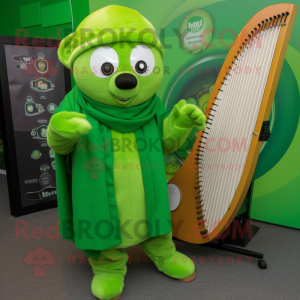 Lime Green Celtic Harp mascot costume character dressed with a Parka and Beanies