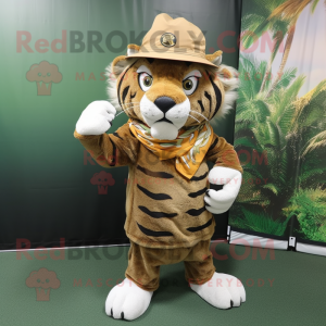 Olive Saber-Toothed Tiger mascot costume character dressed with a Wrap Skirt and Hat pins