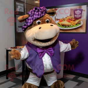 Purple Pulled Pork Sandwich mascot costume character dressed with a V-Neck Tee and Bow ties