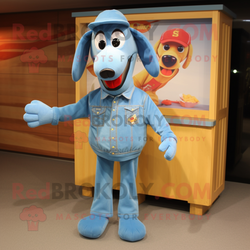 Sky Blue Hot Dogs mascot costume character dressed with a Denim Shirt and Lapel pins