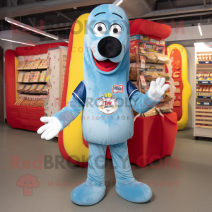 Sky Blue Hot Dogs mascot costume character dressed with a Denim Shirt and Lapel pins