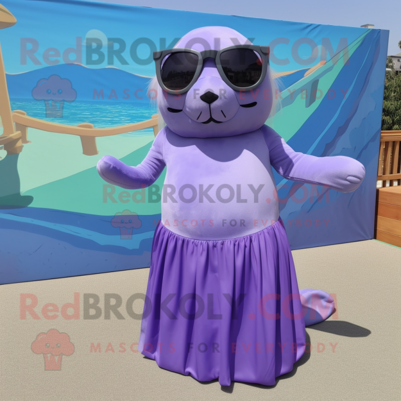 Lavender Sea Lion mascot costume character dressed with a A-Line Skirt and Sunglasses