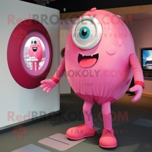 Pink Cyclops mascot costume character dressed with a Vest and Brooches