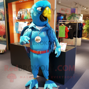 Cyan Macaw mascot costume character dressed with a Henley Tee and Lapel pins
