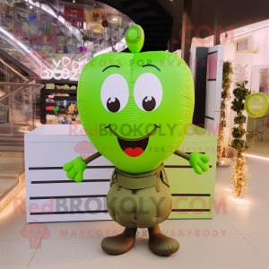 Olive Heart Shaped Balloons mascot costume character dressed with a Waistcoat and Tote bags