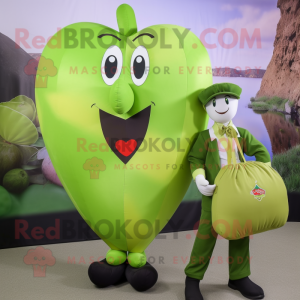 Olive Heart Shaped Balloons mascot costume character dressed with a Waistcoat and Tote bags