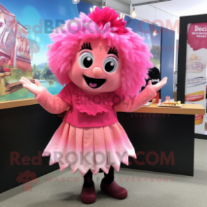 Pink Fish And Chips mascot costume character dressed with a Skirt and Hair clips