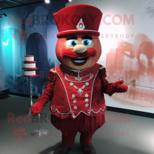 Red Wedding Cake mascot costume character dressed with a Vest and Belts