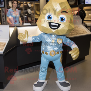 Gold Ice mascot costume character dressed with a Chambray Shirt and Brooches