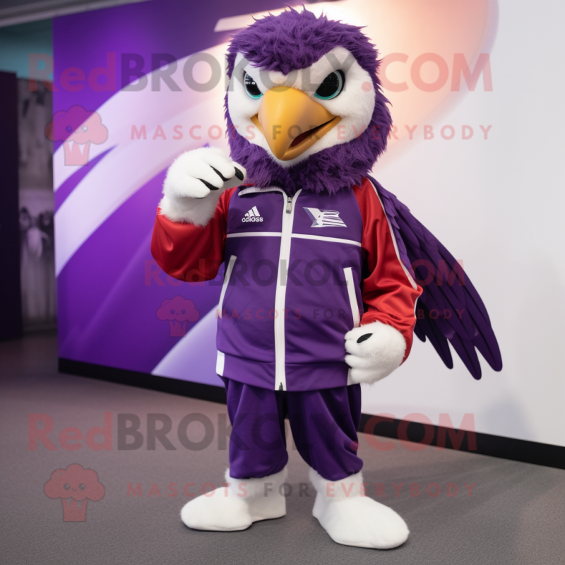 Purple Falcon mascot costume character dressed with a Windbreaker and Wraps