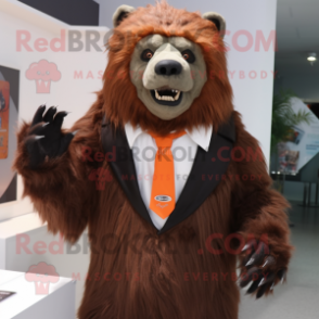 Rust Sloth Bear mascot costume character dressed with a Suit Jacket and Hair clips