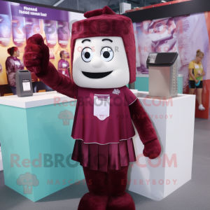 Maroon Ice mascot costume character dressed with a Pencil Skirt and Keychains