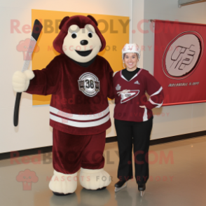 Maroon Ice mascot costume character dressed with a Pencil Skirt and Keychains