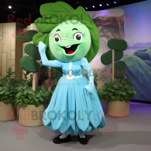 Cyan Beanstalk mascot costume character dressed with a Skirt and Belts