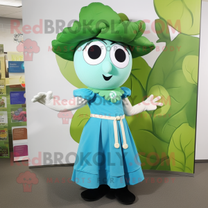 Cyan Beanstalk mascot costume character dressed with a Skirt and Belts