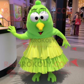 Lime Green Aglet mascot costume character dressed with a Pleated Skirt and Necklaces