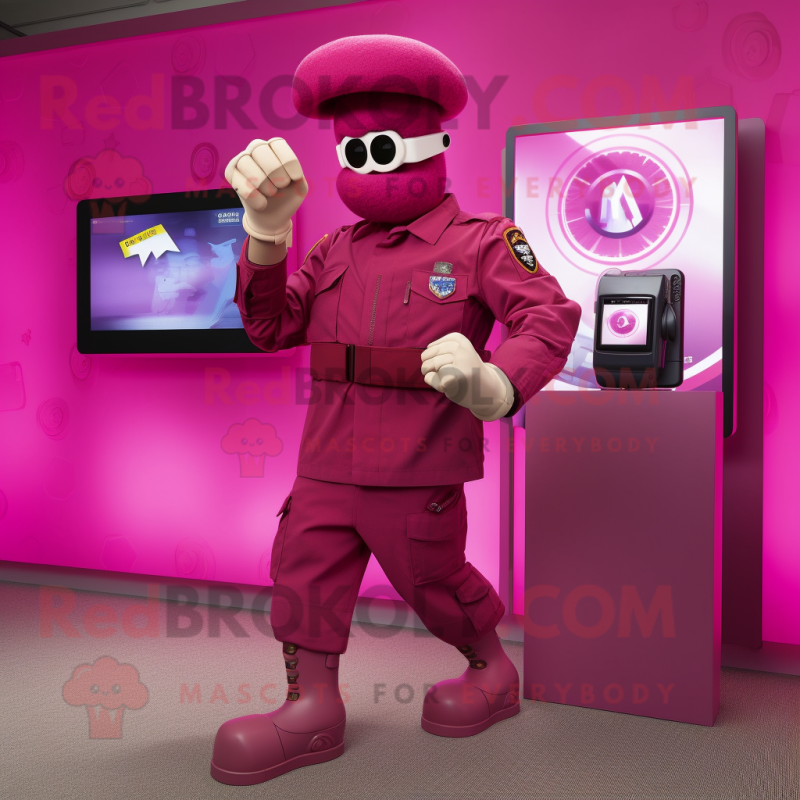 Magenta American Soldier mascot costume character dressed with a Henley Shirt and Digital watches