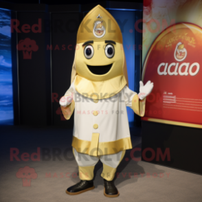 Gold Ceviche mascot costume character dressed with a Cover-up and Foot pads