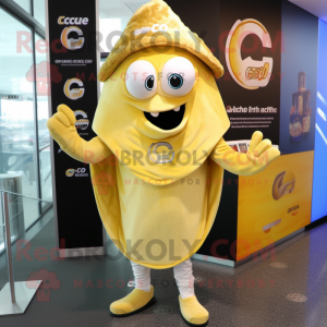 Gold Ceviche mascot costume character dressed with a Cover-up and Foot pads
