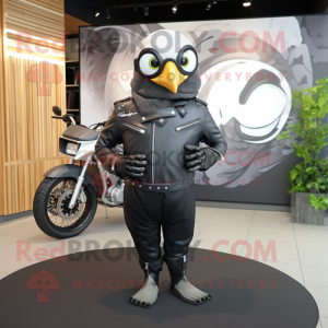Silver Blackbird mascot costume character dressed with a Biker Jacket and Digital watches