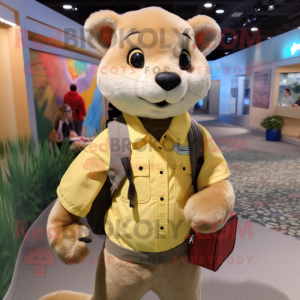 Tan Marten mascot costume character dressed with a Oxford Shirt and Backpacks