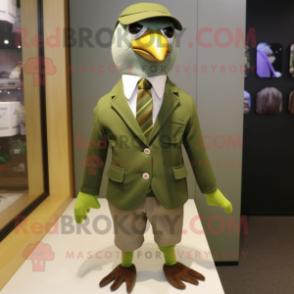 Olive Dove mascot costume character dressed with a Jacket and Tie pins