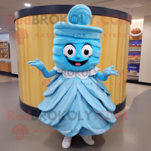 Sky Blue Bagels mascot costume character dressed with a Pleated Skirt and Brooches