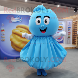 Sky Blue Bagels mascot costume character dressed with a Pleated Skirt and Brooches