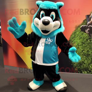Turquoise Skunk mascot costume character dressed with a Vest and Beanies