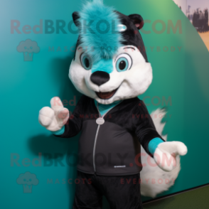 Turquoise Skunk mascot costume character dressed with a Vest and Beanies