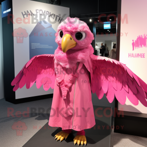 Pink Hawk mascot costume character dressed with a Raincoat and Scarves