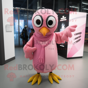 Pink Hawk mascot costume character dressed with a Raincoat and Scarves