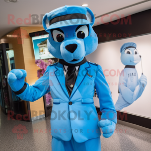 Sky Blue Panther mascot costume character dressed with a Suit and Berets