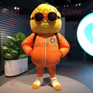 Orange Raspberry mascot costume character dressed with a Bomber Jacket and Eyeglasses