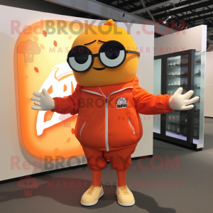 Orange Raspberry mascot costume character dressed with a Bomber Jacket and Eyeglasses