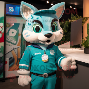 Turquoise Bobcat mascot costume character dressed with a Playsuit and Lapel pins