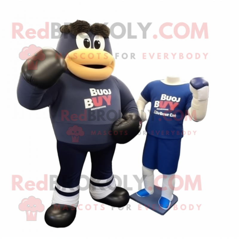 Navy Boxing Glove mascot costume character dressed with a Rugby Shirt and Clutch bags