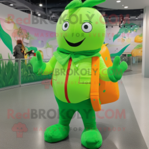 Lime Green Carrot mascot costume character dressed with a Jumpsuit and Backpacks