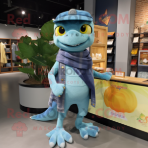 Cyan Geckos mascot costume character dressed with a Denim Shorts and Shawls