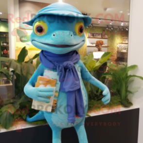 Cyan Geckos mascot costume character dressed with a Denim Shorts and Shawls