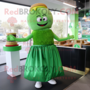 Green Burgers mascot costume character dressed with a Empire Waist Dress and Anklets